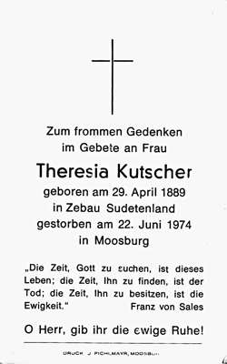 Sterbebildchen Theresia Kutscher, *29.04.1889 †22.06.1974