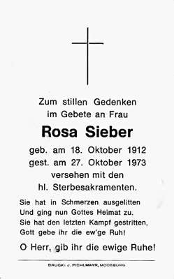 Sterbebildchen Rosa Sieber, *18.10.1912 †27.10.1973