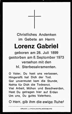 Sterbebildchen Lorenz Gabriel, *28.07.1899 †08.09.1973