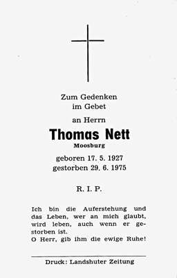 Sterbebildchen Thomas Nett, *17.05.1927 †29.06.1975