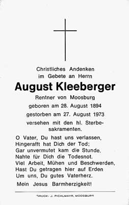 Sterbebildchen August Kleeberger, *28.08.1894 †27.08.1973