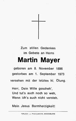 Sterbebildchen Martin Mayer, *08.11.1896 †01.09.1973