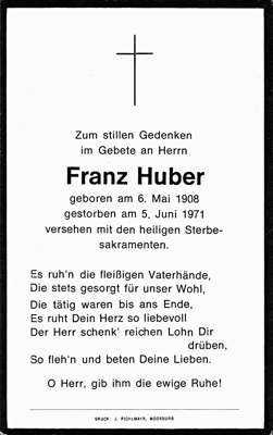 Sterbebildchen Franz Huber, *06.05.1908 †05.06.1971