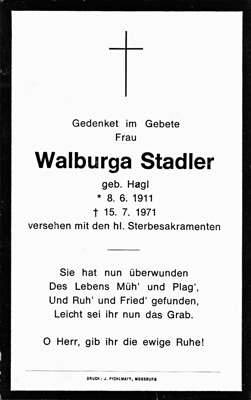 Sterbebildchen Walburga Stadler, *08.06.1911 †15.07.1971