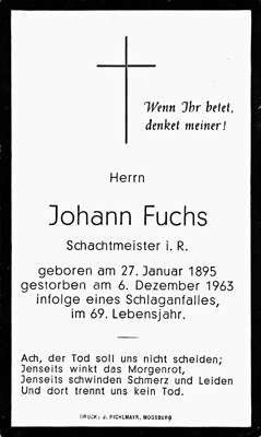 Sterbebildchen Johann Fuchs, *27.01.1895 †06.12.1963