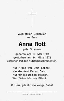 Sterbebildchen Anna Rott, *12.05.1893 †14.03.1972