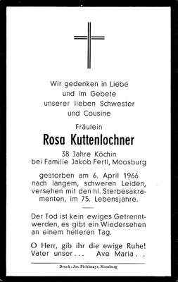Sterbebildchen Rosa Kuttenlochner, *1891 †06.04.1966