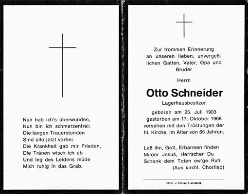 Sterbebildchen Otto Schneider, *25.07.1903 †17.10.1968