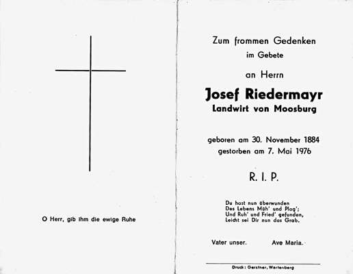 Sterbebildchen Josef Riedermayr, *30.11.1884 †07.05.1976