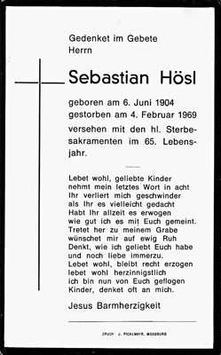 Sterbebildchen Sebastian Hsl, *06.06.1904 †04.02.1969