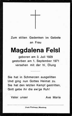 Sterbebildchen Magdalena Felsl, *03.07.1929 †01.09.1971