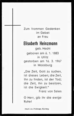 Sterbebildchen Elisabeth Heinzmann, *06.01.1883 †16.03.1967