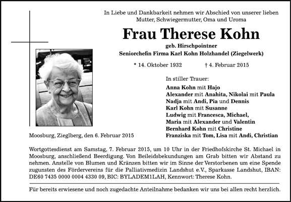 Todesanzeige Therese Kohn, *14.10.1932 †04.02.2015