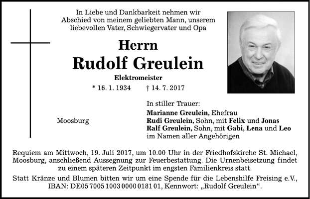 Todesanzeige Rudolf Greulein, *16.01.1934 †14.07.2017