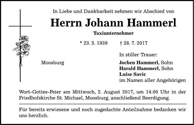 Todesanzeige Johann Hammerl, *23.05.1939 †28.07.2017