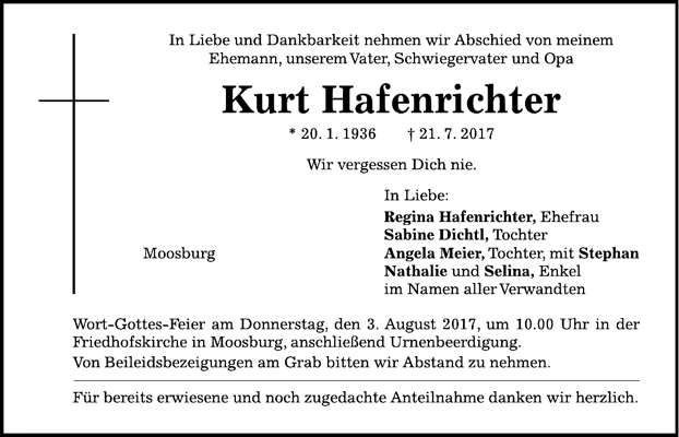 Todesanzeige Kurt Hafenrichter, *20.01.1936 †21.07.2017