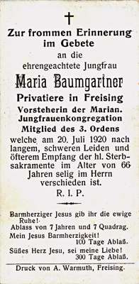 Sterbebildchen Maria Baumgartner, *1854 †20.07.1920