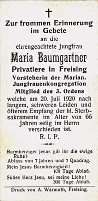 Sterbebildchen Maria Baumgartner, *1854 †20.07.1920