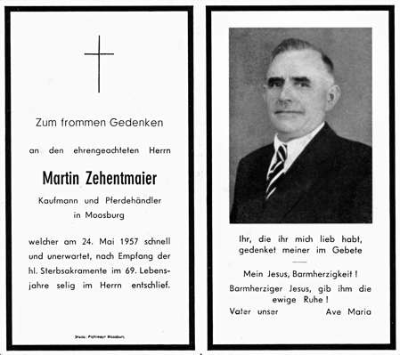 Sterbebildchen Martin Zehentmaier, *1888 †24.05.1957
