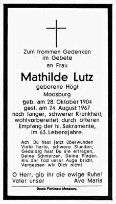 Sterbebildchen Mathilde Lutz, *28.10.1904 †24.08.1967