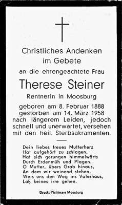 Sterbebildchen Therese Steiner, *08.02.1888 †14.03.1958