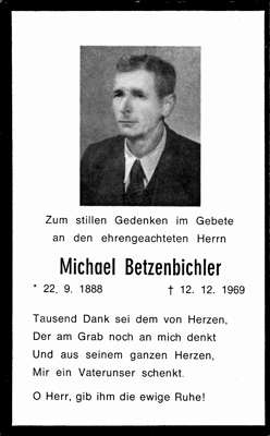 Sterbebildchen Michael Betzenbichler, *22.09.1888 †12.12.1969