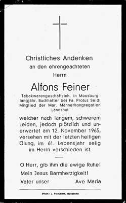 Sterbebildchen Alfons Feiner, *1904 †12.11.1965