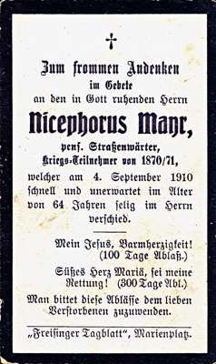 Sterbebildchen Nicephorus Mayr *1846 †04.09.1910