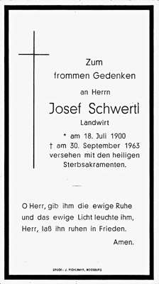 Sterbebildchen Josef Schwertl, *18.07.1900 †30.09.1963