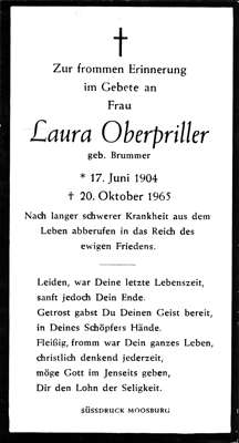 Sterbebildchen Laura Oberpriller, *17.06.1904 †20.10.1965