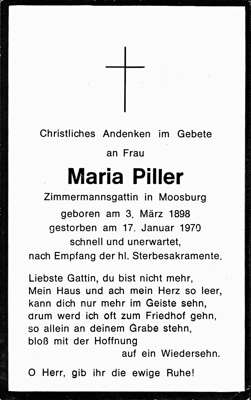 Sterbebildchen Maria Piller, *03.03.1898 †17.01.1970