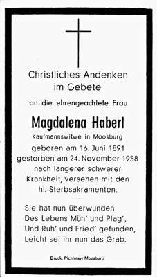 Sterbebildchen Magdalena Haberl, *16.06.1891 †24.11.1958