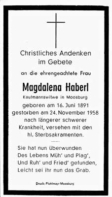 Sterbebildchen Magdalena Haberl, *16.06.1891 †24.11.1958