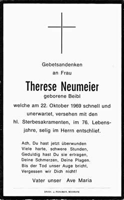 Sterbebildchen Therese Neumeier, *1893 †22.10.1969