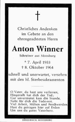 Sterbebildchen Anton Winner, *07.04.1933 †08.10.1964