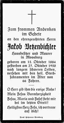 Sterbebildchen Jakob Betzenbichler, *15.10.1884 †27.10.1950