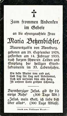 Sterbebildchen Maria Betzenbichler, *28.09.1878 †14.02.1933