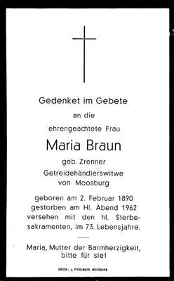 Sterbebildchen Maria Braun, *02.02.1890 †24.12.1962