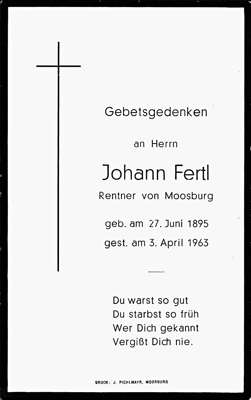 Sterbebildchen Johann Fertl, *27.06.1895 †03.04.1964