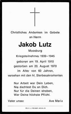 Sterbebildchen Jakob Lutz, *19.04.1910 †20.08.1970