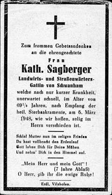 Sterbebildchen Katharina Sagberger, *1878 †05.03.1948