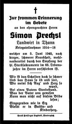 Sterbebildchen Simon Prechsl, *1874 †05.06.1940