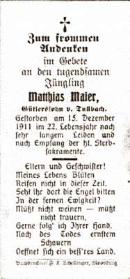 Sterbebildchen Matthias Maier *1889 †15.12.1911