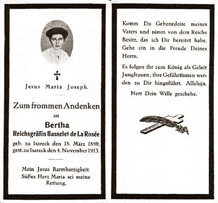 Sterbebildchen Bertha Reichsgrfin Basselet de La Rose *18.03.1889 †04.11.1913