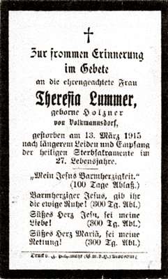 Sterbebildchen Theresia Lummer *1888 †13.03.1915