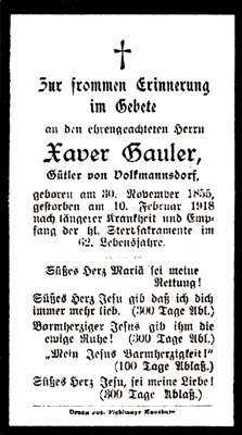 Sterbebildchen Xaver Gauler, *30.11.1855 †10.02.1918