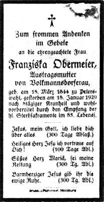 Sterbebildchen Franziska Obermeier, *18.03.1844 †18.01.1929