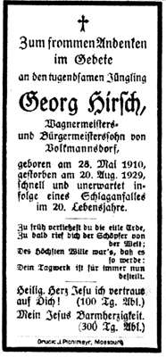 Sterbebildchen Georg Hirsch, *28.05.1910 †20.08.1929