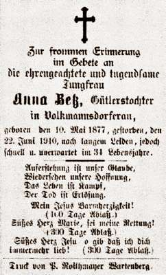Sterbebildchen Anna Betz *10.05.1877 †22.06.1910