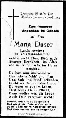 Sterbebildchen Maria Daser, *1859 †17.11.1946
